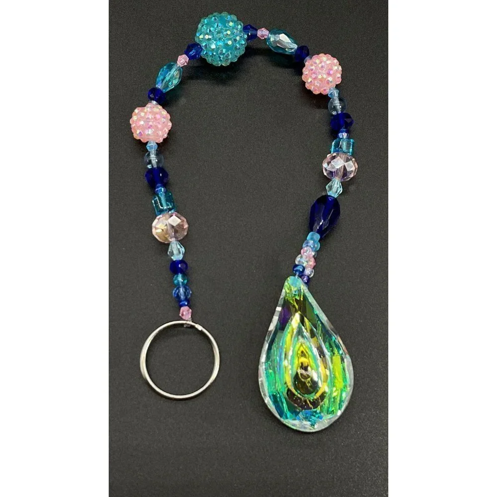 Beaded Suncatcher - Blue Pink - Clear Crystal Prism - Hanging Decor Yard Art